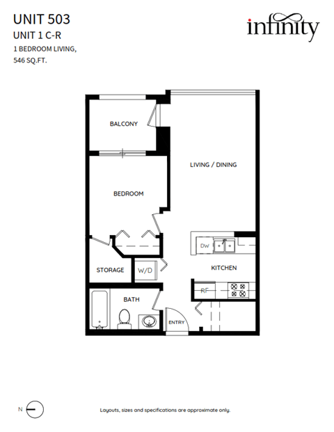Floor plan for 1 bed, 1 bath